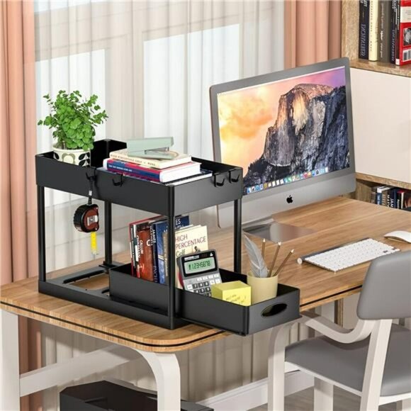 Under Sink Basket Organizer 2 Tier Sliding Storage for Bathroom Kitchen Black - Picture 6 of 7